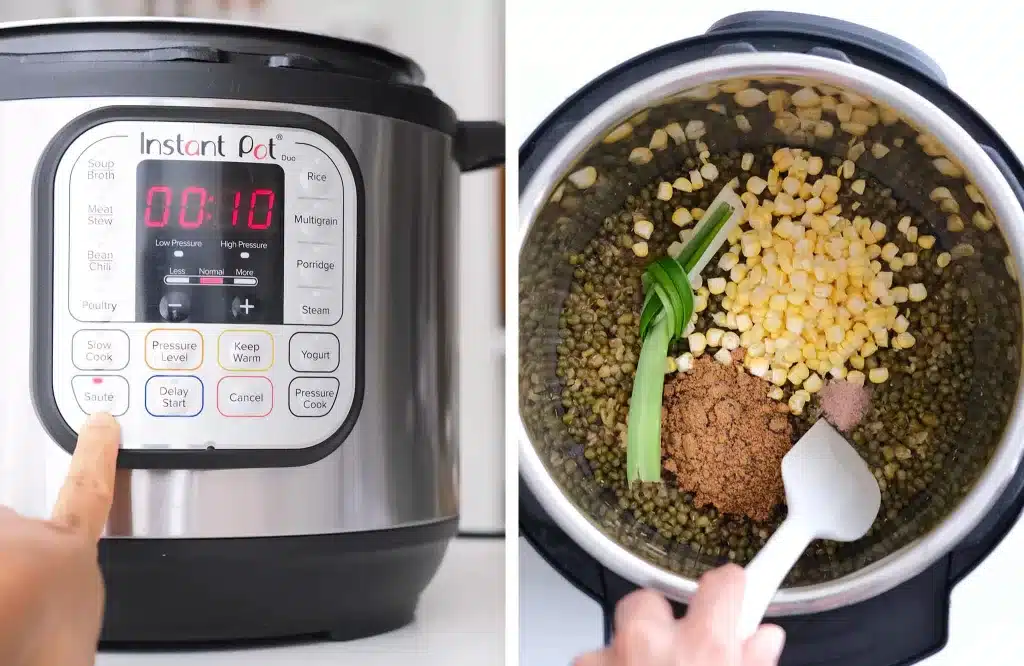 Pressing saute button and adding all ingredients to Instant Pot..