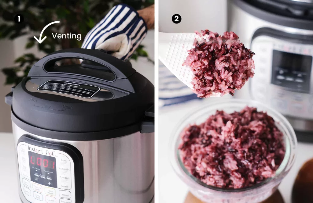 Turning the Instant Pot valve and scoop purple sticky rice into a bowl