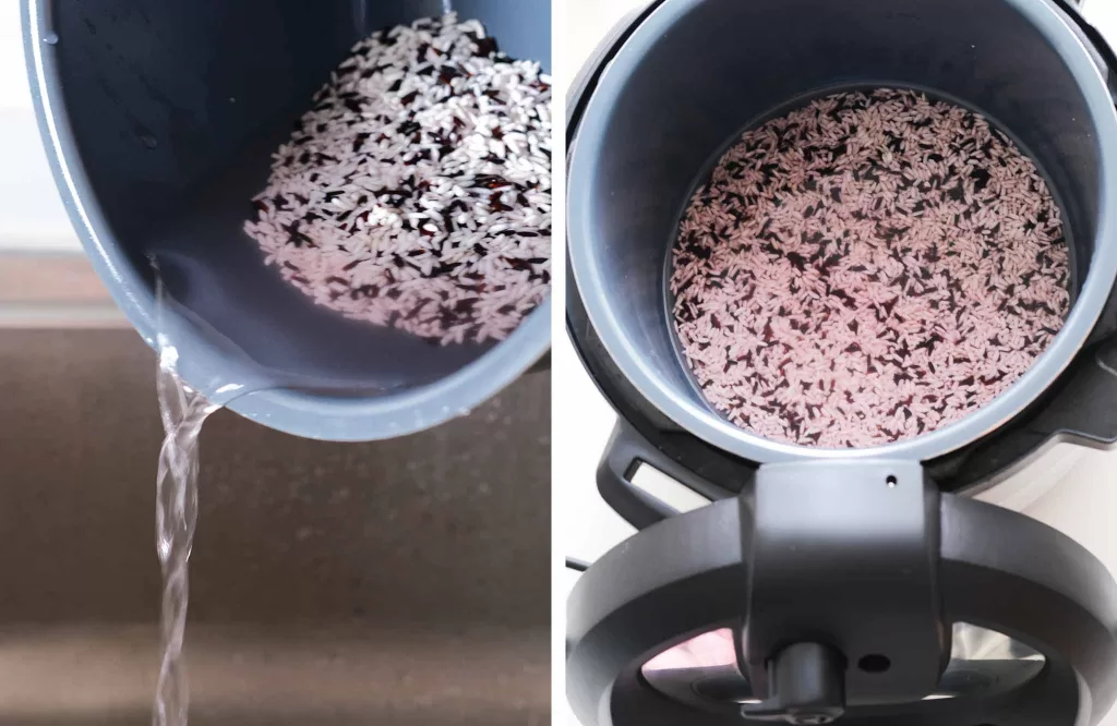 Washing mixed black rice and white glutinous rice