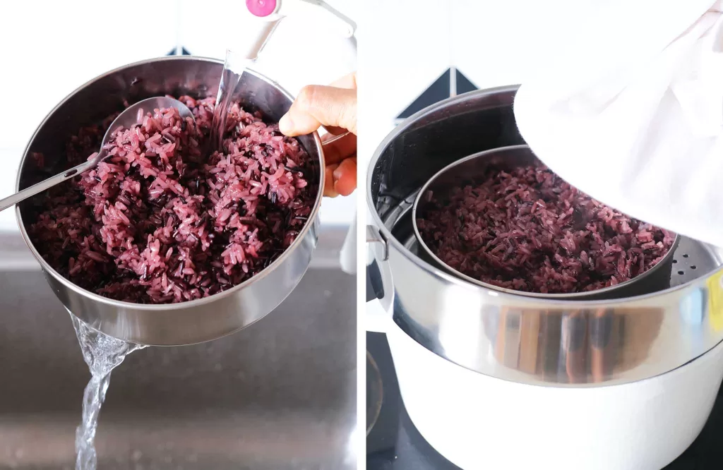 Washing half cooked purple sticky rice and place it in the steamer