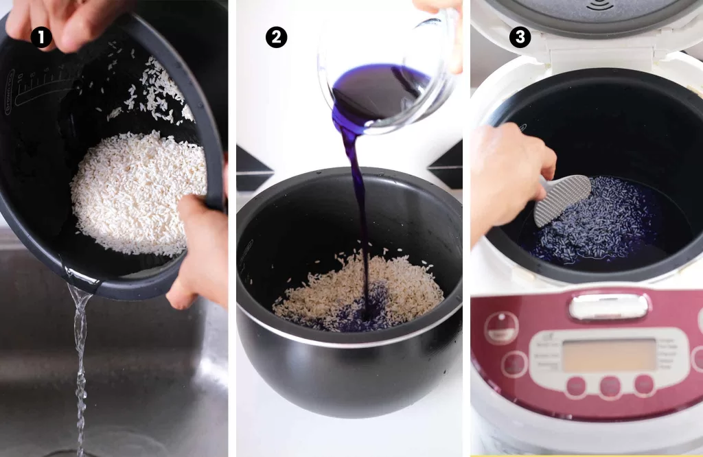 Washing the rice and mixing blue pea water in a rice cooker to cook