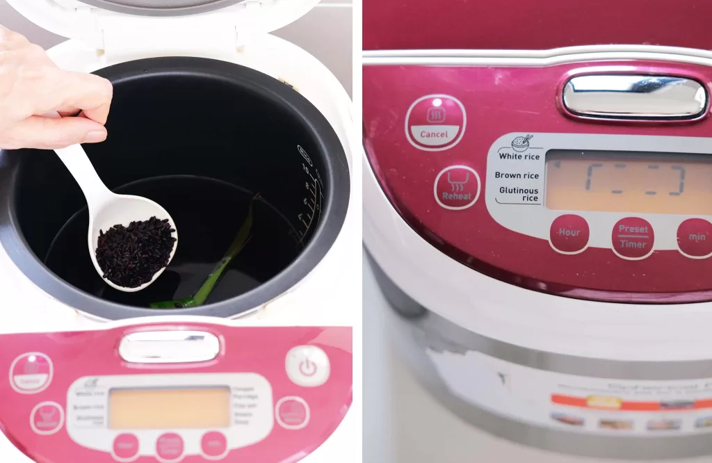 2photos, add rice into rice cooker and the setting the cooking button