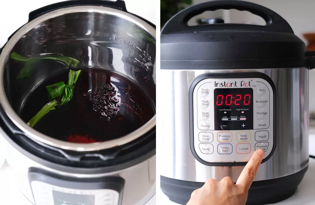 2photos-black rice in an instant pot uncovered and pressing the setting button