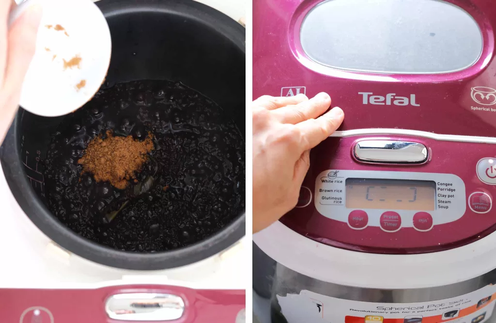 2photos,adding ingredients into rice cooker, and close the lid