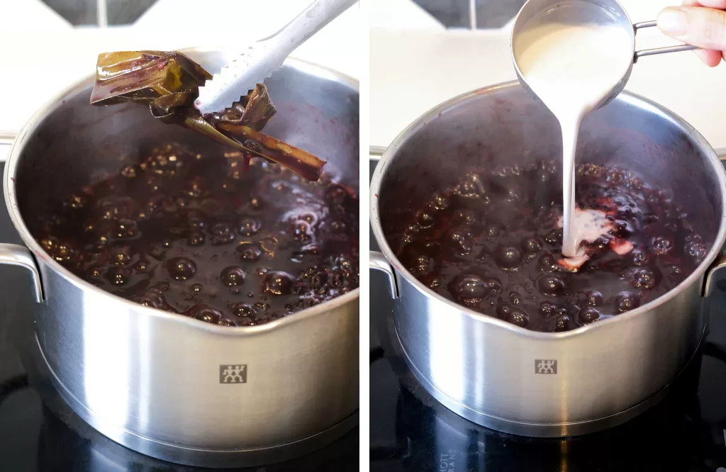 Remove pandan leaves and pouring coconut cream into cooked black rice in a pot.jpg