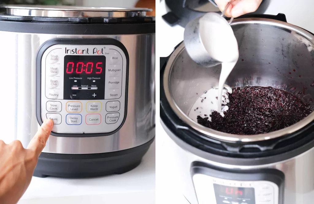 2photos_pressing saute button and adding coconut milk into the instant pot