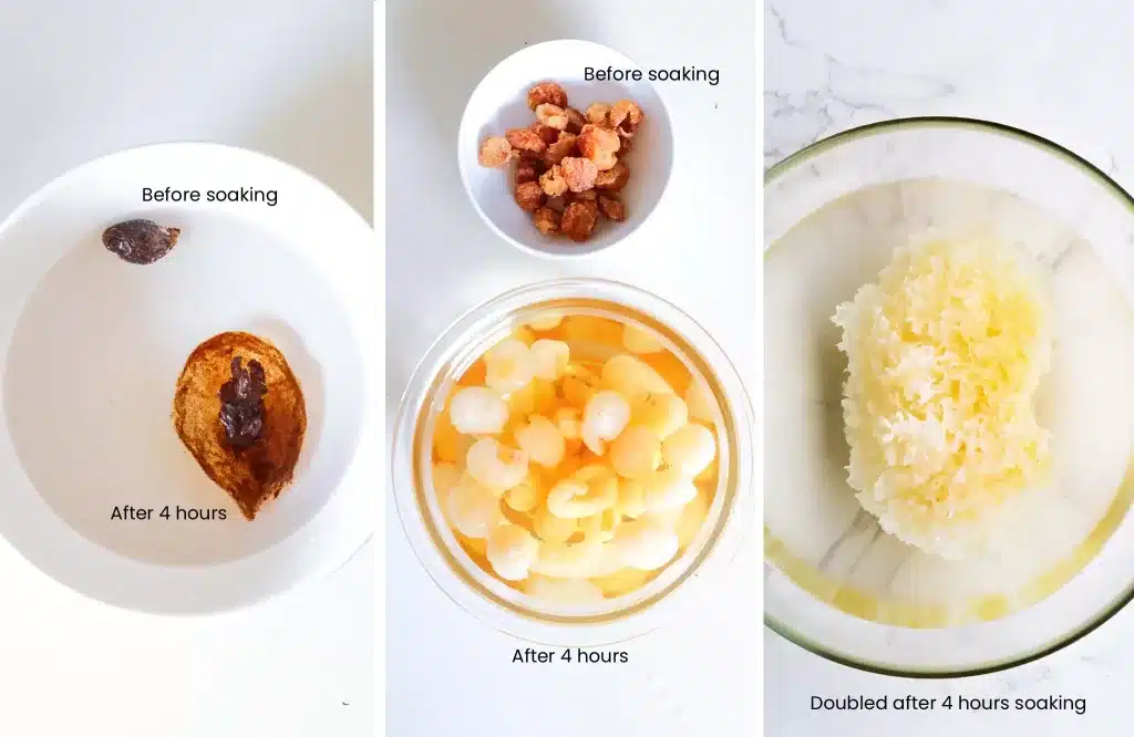 malva nuts, longan and snow fungus soaked vs before soaking in separate bowls