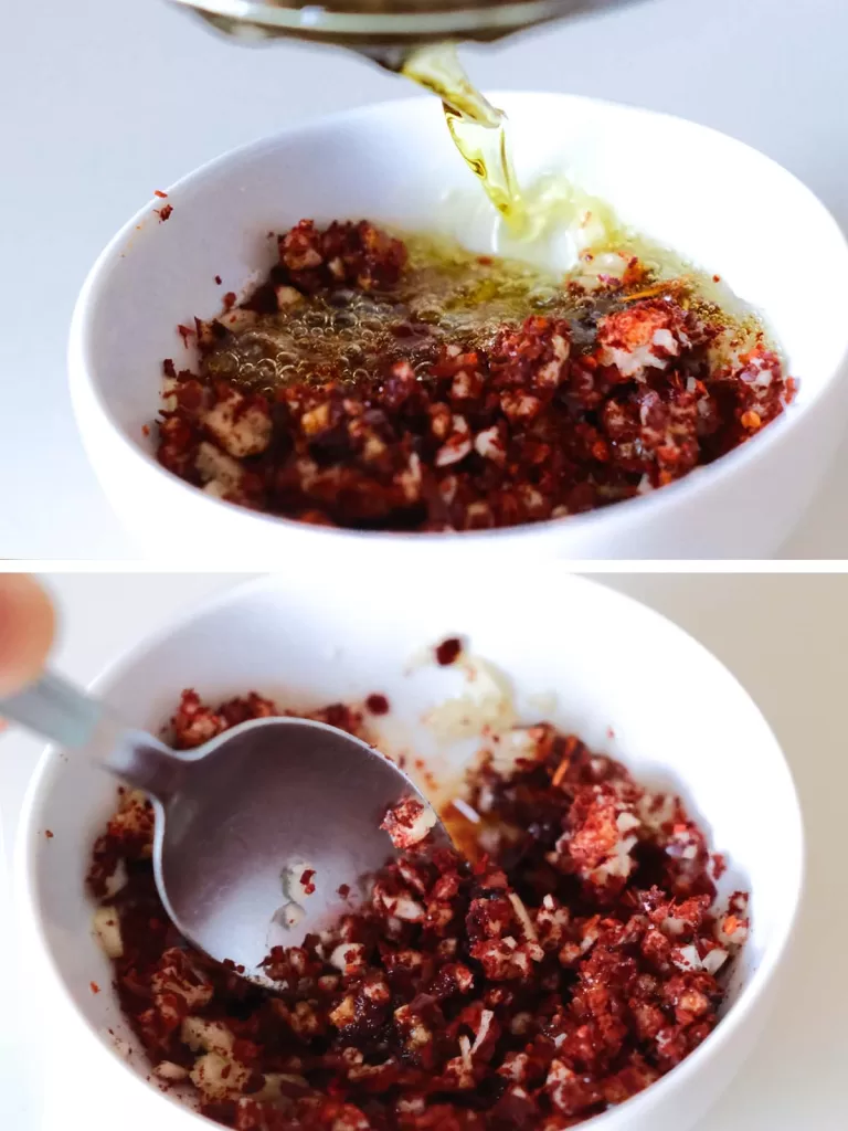 2 photos top and bottom. Pouring a batch of chili oil and stir with a spoon