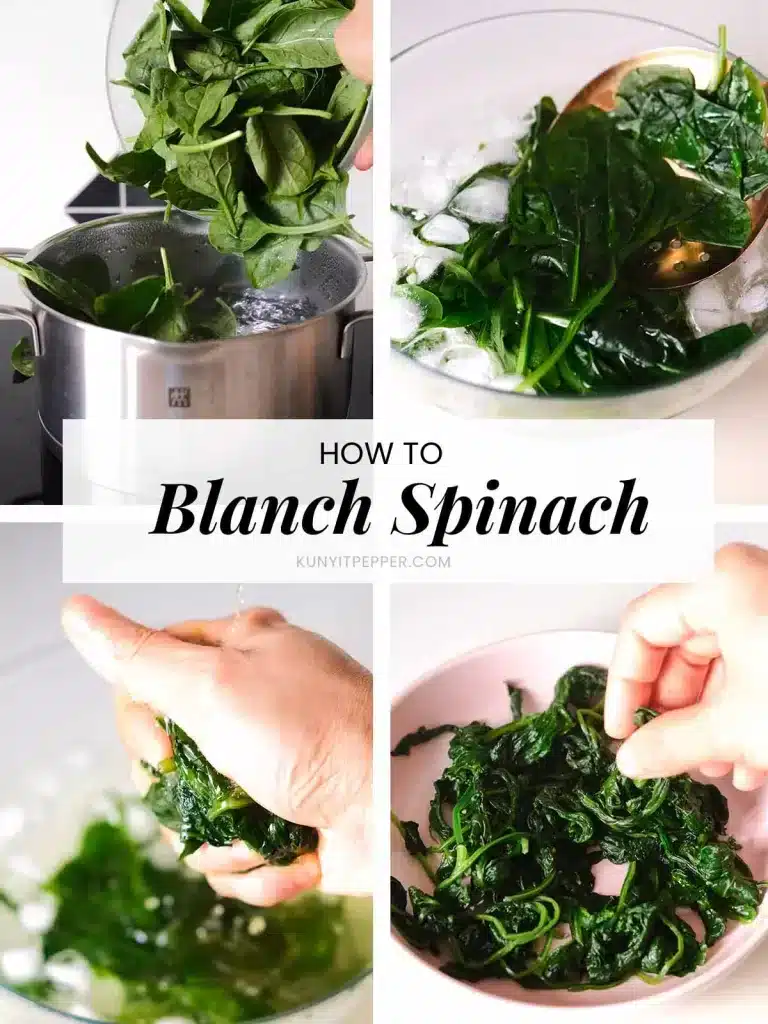 4-step visual guide showing how to blanch spinach: boil, transfer to ice bath, squeeze dry, and prep for use. Text overlay says 'How to Blanch Spinach