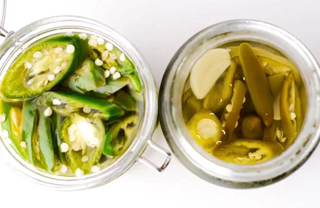 Top view of 2 Asian Pickled Green Chilli, before and after pickling