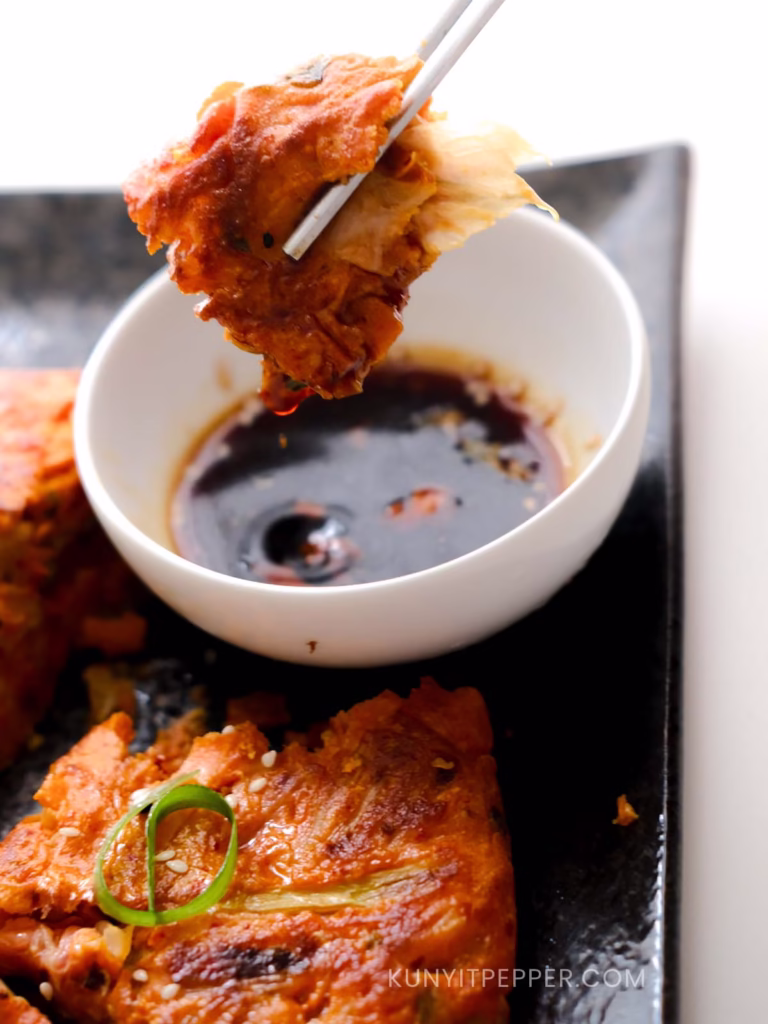 Gluten-free Kimchi Pancake Dipped in Soy Sauce